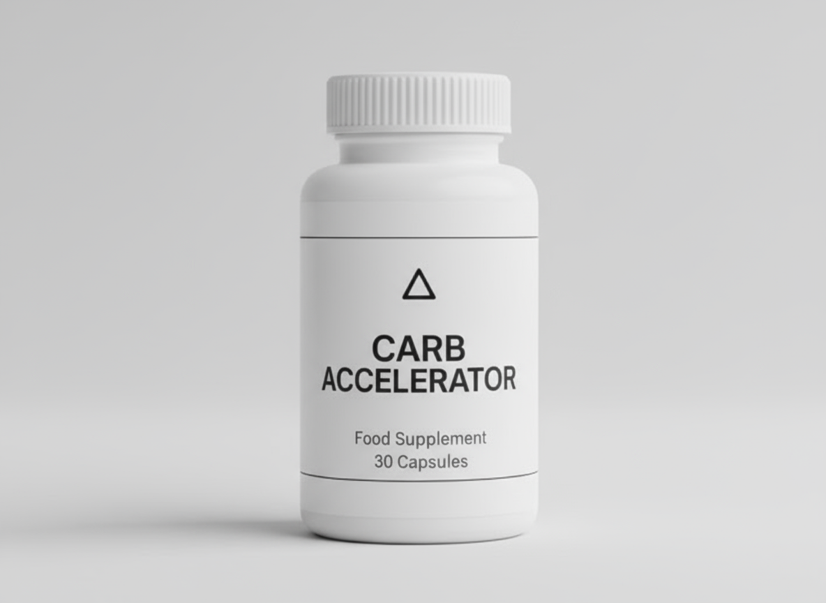 Single bottle of 'Carb Accelerator' food supplement on a light gray background