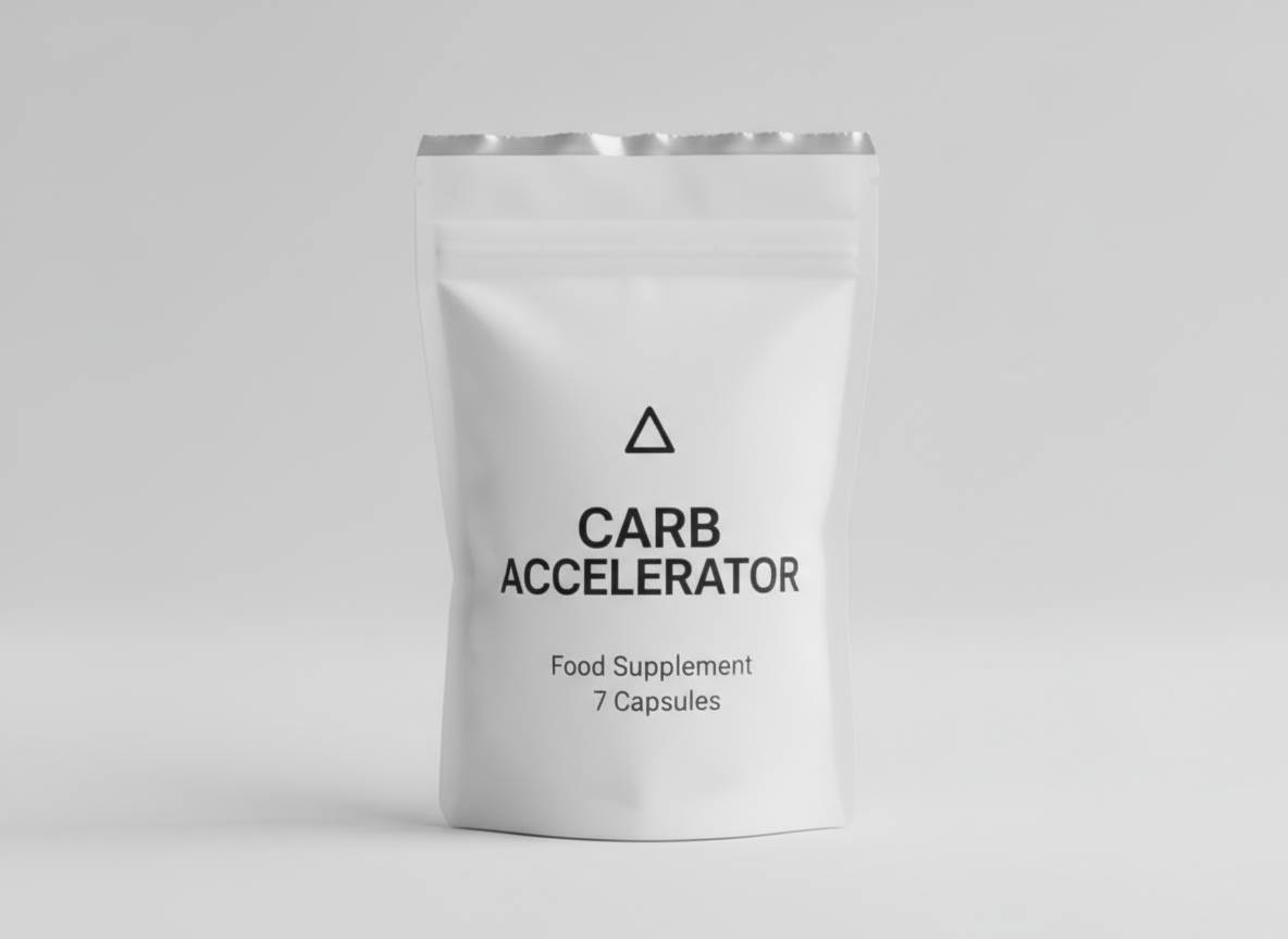 Supplement container labeled 'Carb Accelerator' on a light gray background