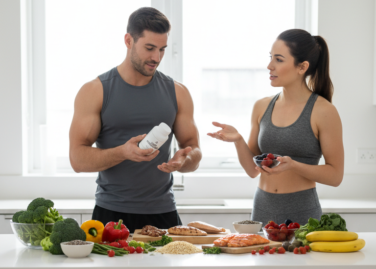 Two people in athletic wear standing in a kitchen with fruits, vegetables, and supplements.